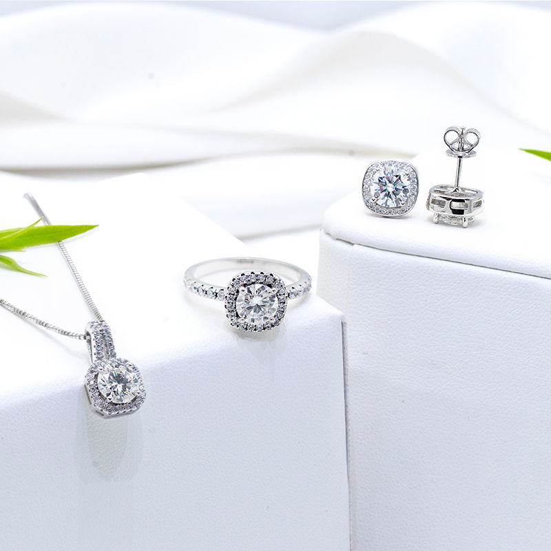 Thumbnail: Silver Moissanite Jewelry Set Necklace Ring Earrings