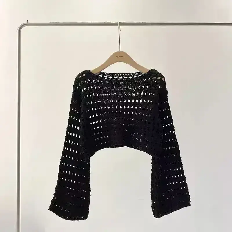 Crochet Knit Long Sleeve Crop Top for Summer Beachwear and Layering