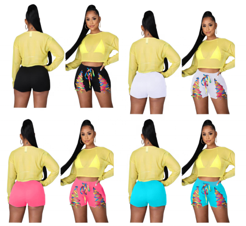 Thumbnail: Women’s Lace‑Up Ripped Denim Loose Beach Shorts