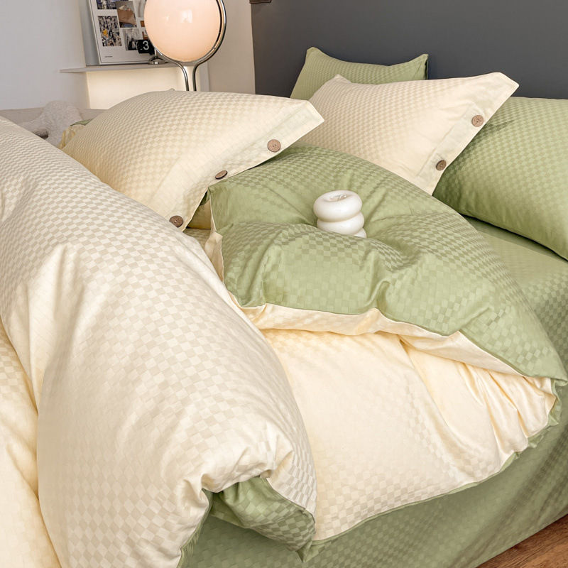 Thumbnail: 4-Piece 100% Cotton Jacquard Bedding Set – Elegant Plaid Design