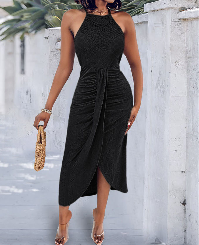 Thumbnail: Halter Hollow Out Knee-Length Dress