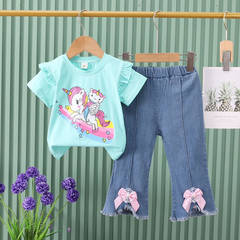 Thumbnail: Girls’ Summer Cartoon T-Shirt and Cowboy Pants Set