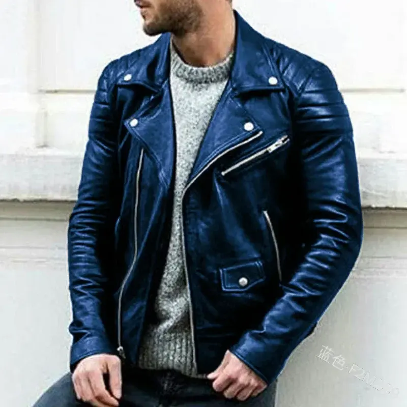 Thumbnail: Mens Faux Leather Motorcycle Jacket with Stand Collar and Zipper Pockets