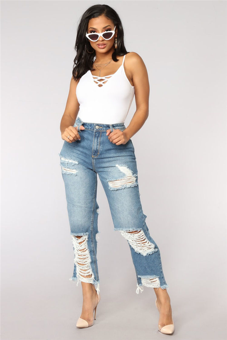 Thumbnail: Classic Solid Color Big Ripped Loose Baggy Women Loose Jeans Women Baggy Jeans