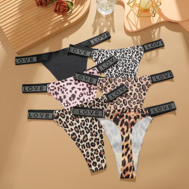 Thumbnail: 7pcs Printed Leopard Crystal Letter Thong Set for Women Low Waist Soft Underwear