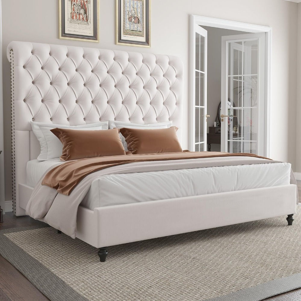 Queen Size Bed Frame with 60" Wingback Headboard, Cream Velvet Upholstery
