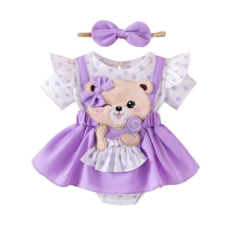 Thumbnail: Pudcoco Baby Girl 2Pcs Summer Outfit Bear Embroidery Romper with Shorts