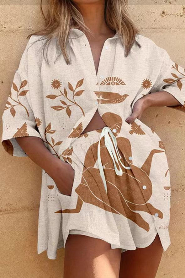 Thumbnail: Women's Summer Beach Holiday Two-Piece Set – Printed Shirt & Flare Shorts