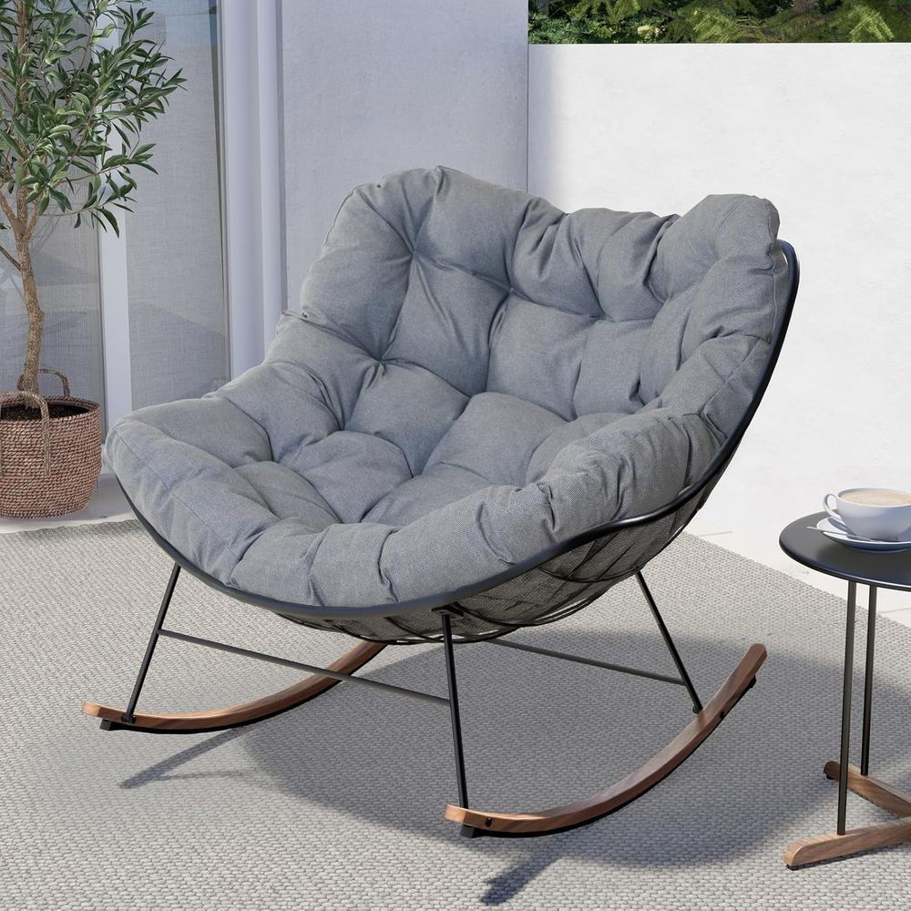 Outdoor E‑Coated Papasan Rocking Chair with Cushion – Oversized Recliner Rocker