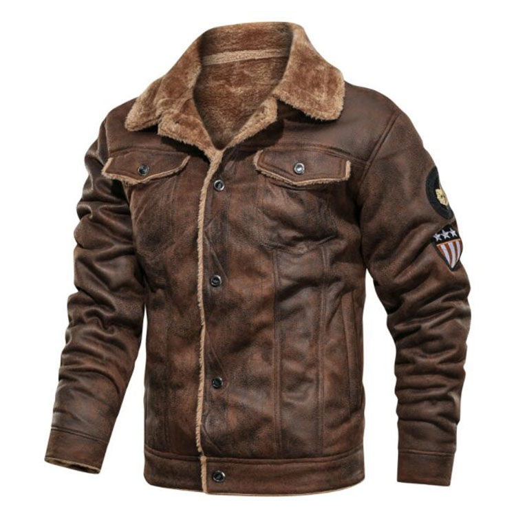 Thumbnail: Autumn Thick Warm Fleece Leather Jacket Men Casual Bomber Biker Winter Coat