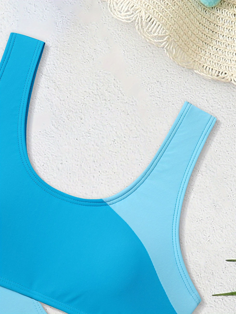 Thumbnail: Girls 3-Piece Swimsuit – Color Block Bathing Set with Striped Bikini for Teens