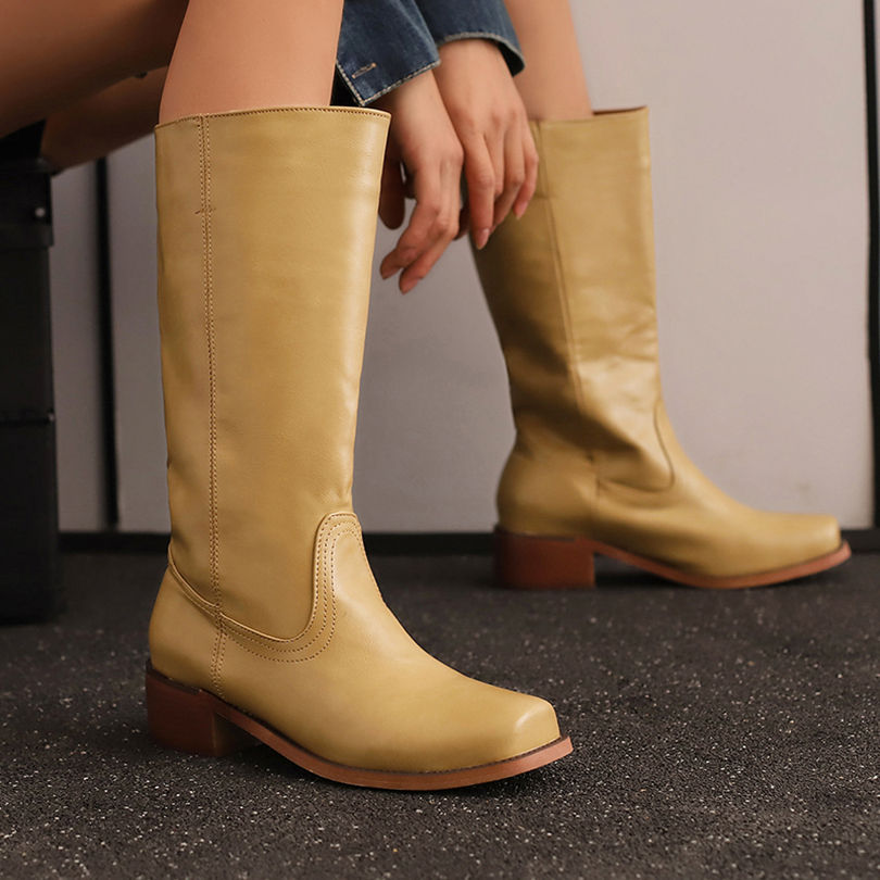 Thumbnail: Womens Plus Size Mid Calf Boots with Square Toe Thick Heel Plush Inner Lining