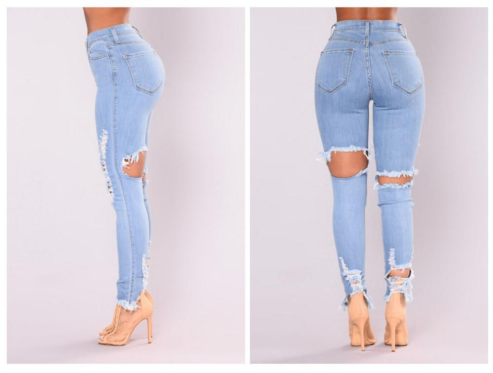 Ripped Light Blue Stretch Skinny Jeans for Women – Bodycon Fit, Comfy Denim