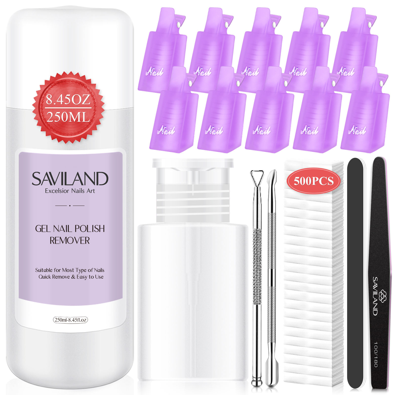 Saviland Gel Nail Polish Remover Kit 250ml Non Acetone Formula with Nail Clips