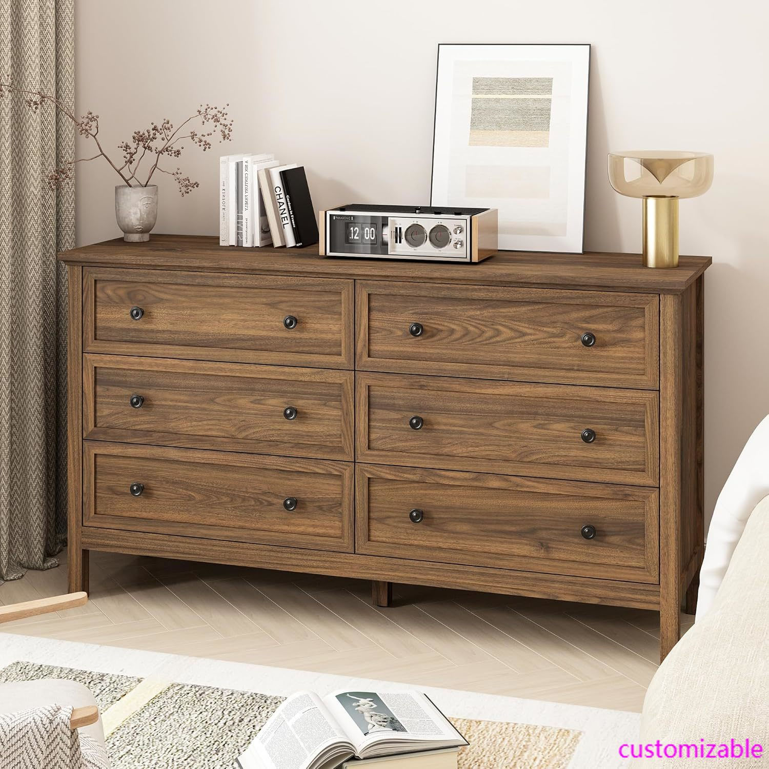Modern Walnut 6-Drawer Dresser with Black Handles and Large Storage Chest