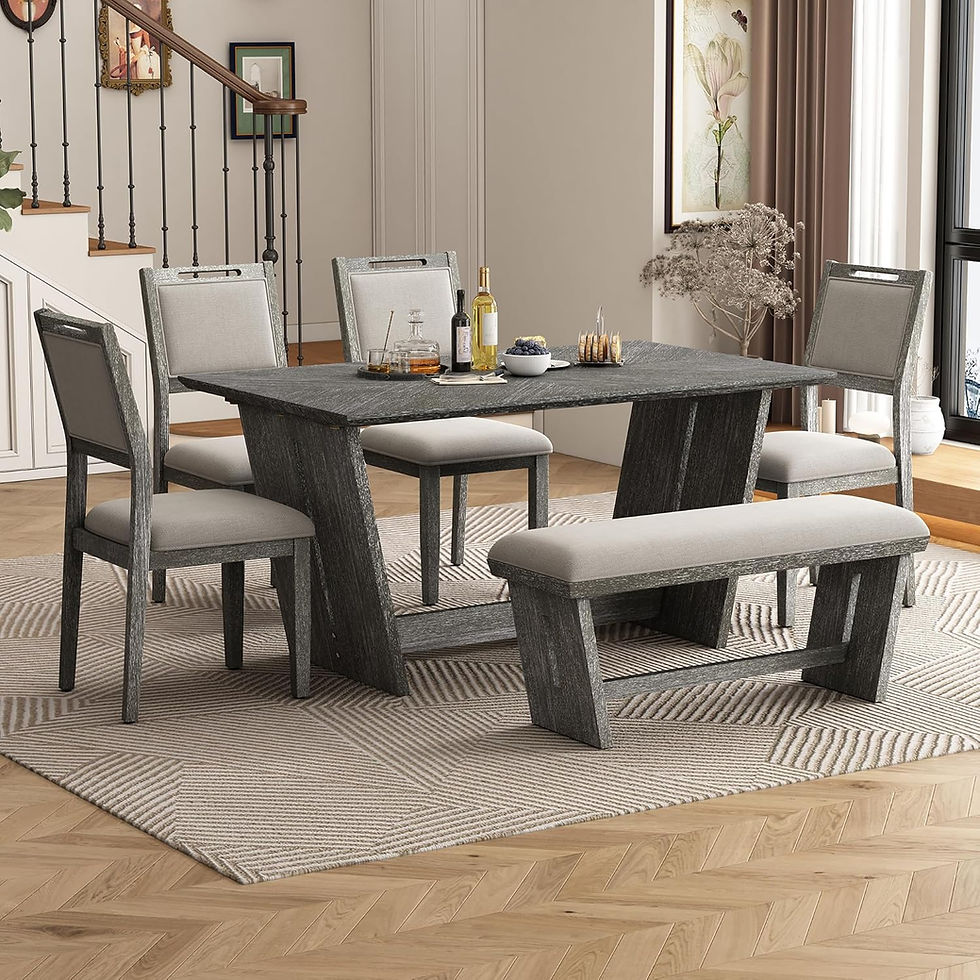 Thumbnail: 6-Piece Retro Dining Set – Wooden Table with 4 Upholstered Chairs & Bench