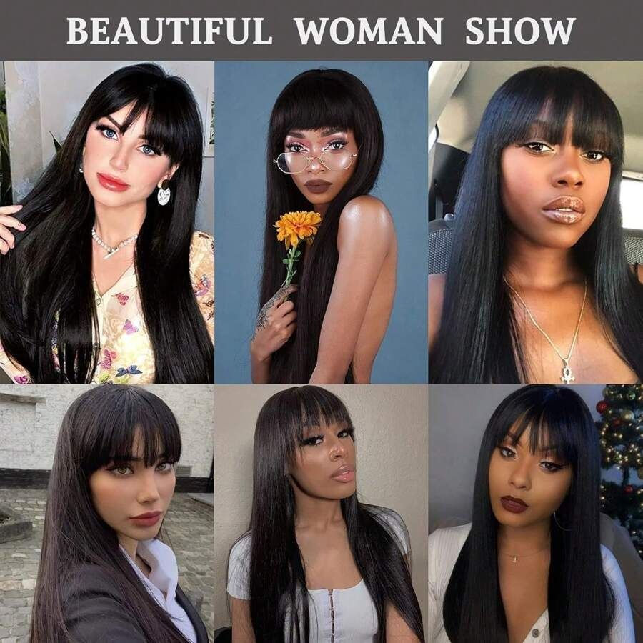 Thumbnail: 30-Inch Bone Straight Wig with Bangs – Full Machine Made Brazilian Human Hair