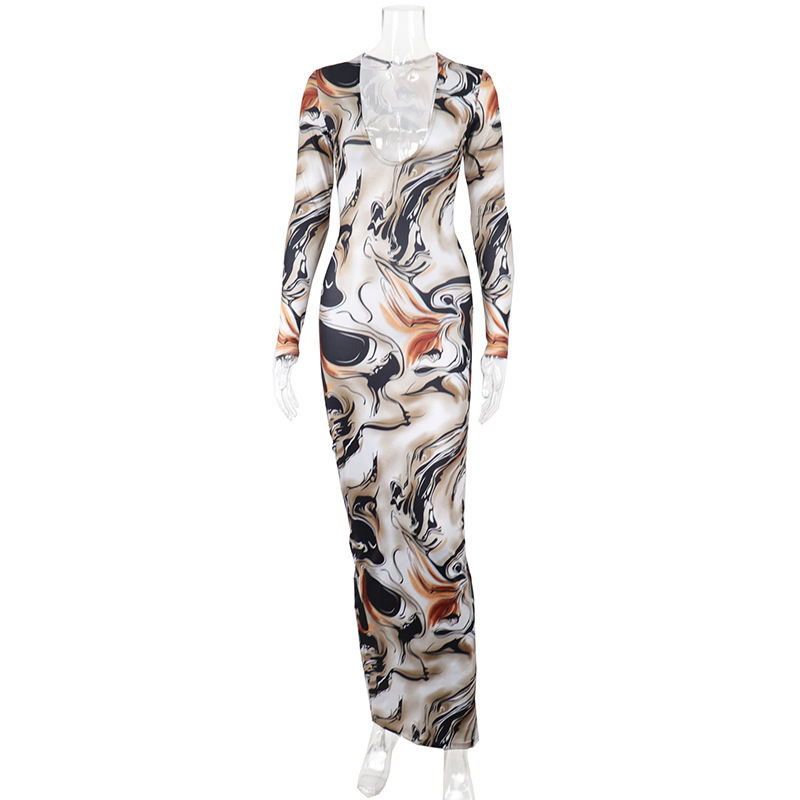 Thumbnail: New Arrivals Long Sleeve Vneck Print Bodycon Long Dresses Women Dress Women