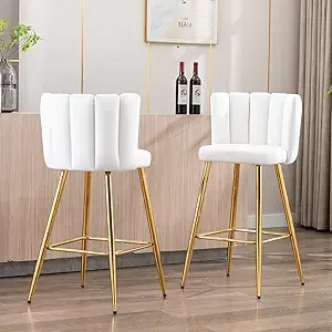 Thumbnail: Set of 2 Linen Fabric Bar Stools–30" Bar Height Chairs with Upholstered Backrest