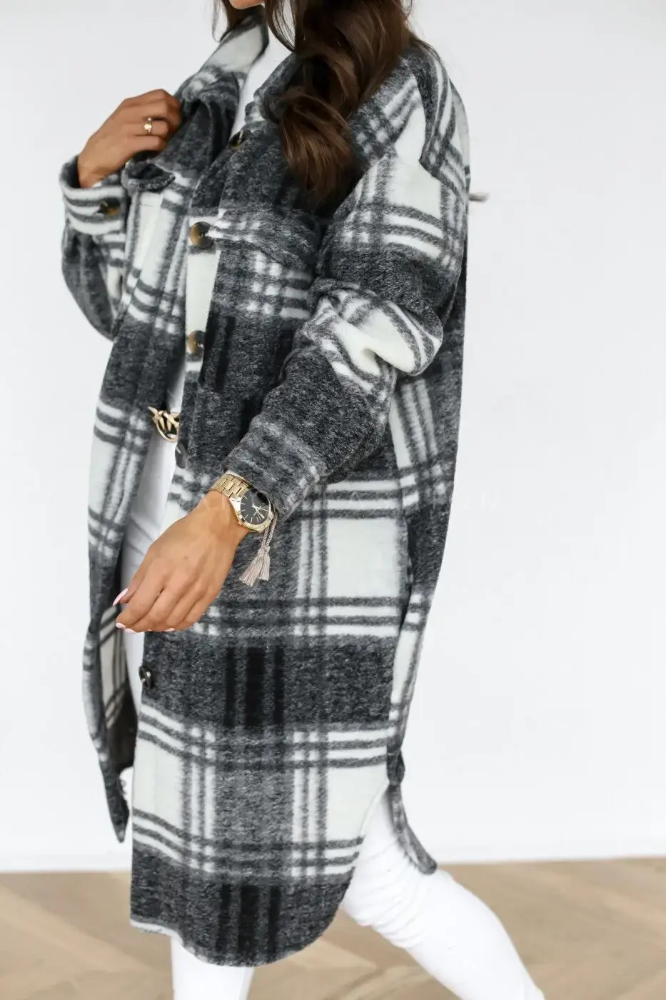 Thumbnail: Winter Checked Jackets Coats Oversized Thick Warm Woolen Blends Overcoats