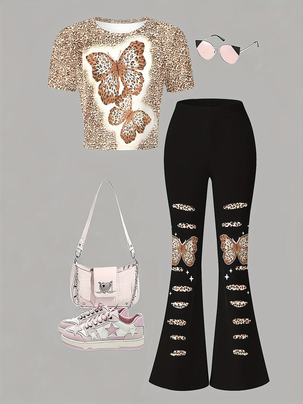 Thumbnail: Two-Piece Short-Sleeve Top and Flared Pants Set for Teens