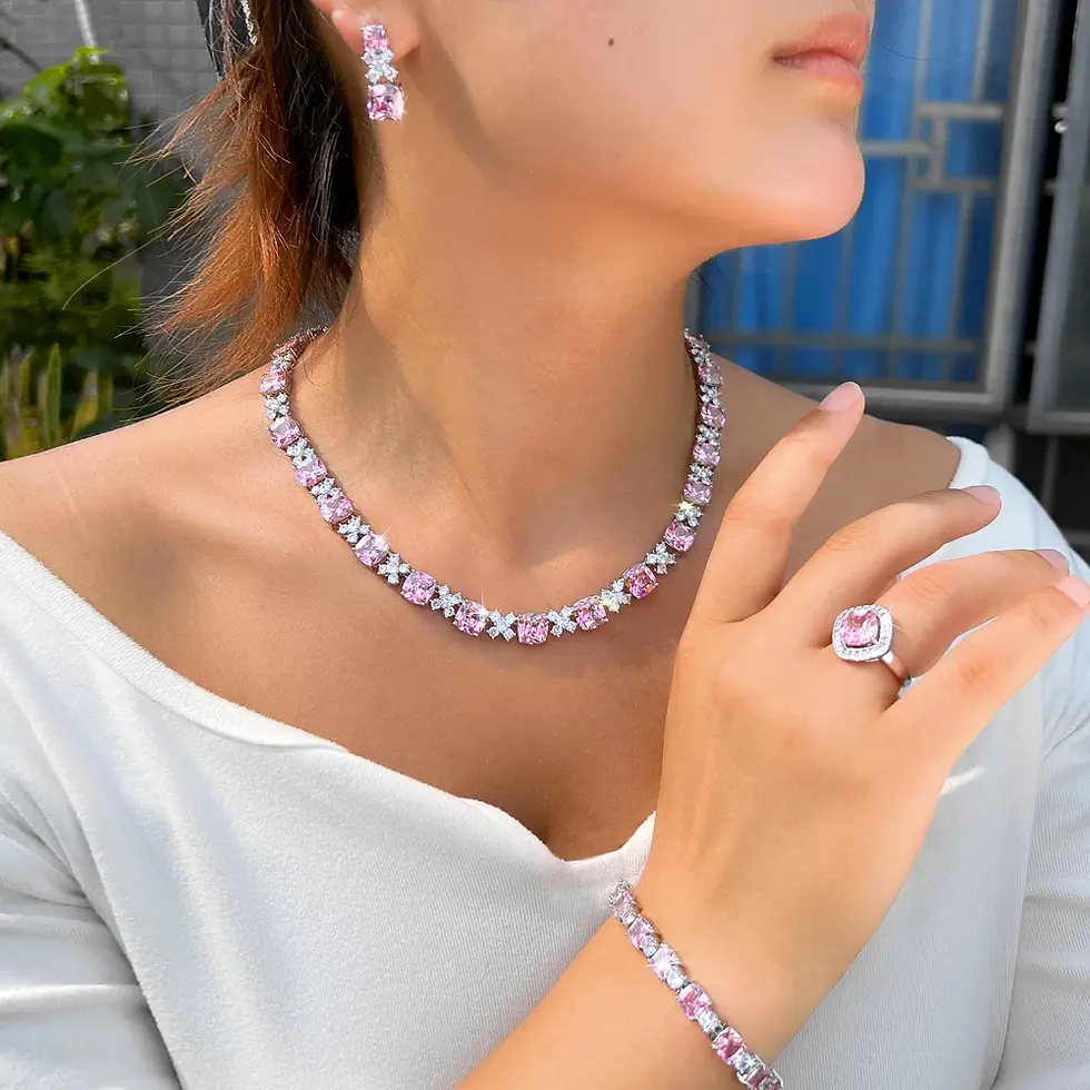Thumbnail: Women’s 4‑Piece Square Pink Jewelry Set – Necklace, Earrings & Bracelet