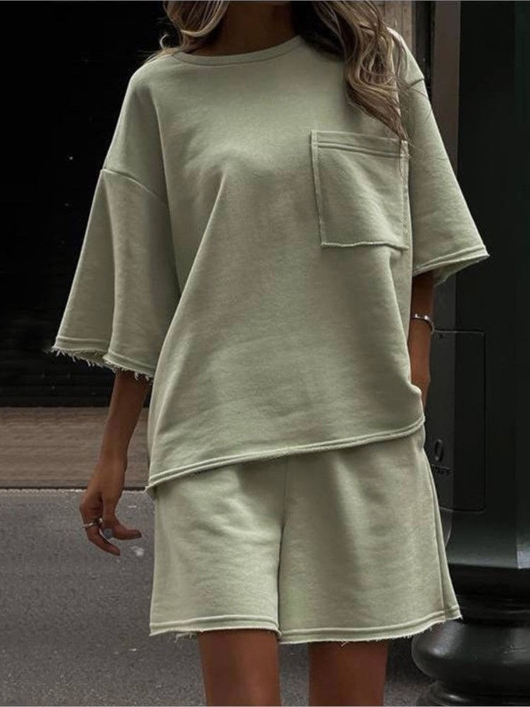 Thumbnail: Casual Loose Two-Piece Set – Half Sleeve Top & Elastic Waist Shorts for Summer