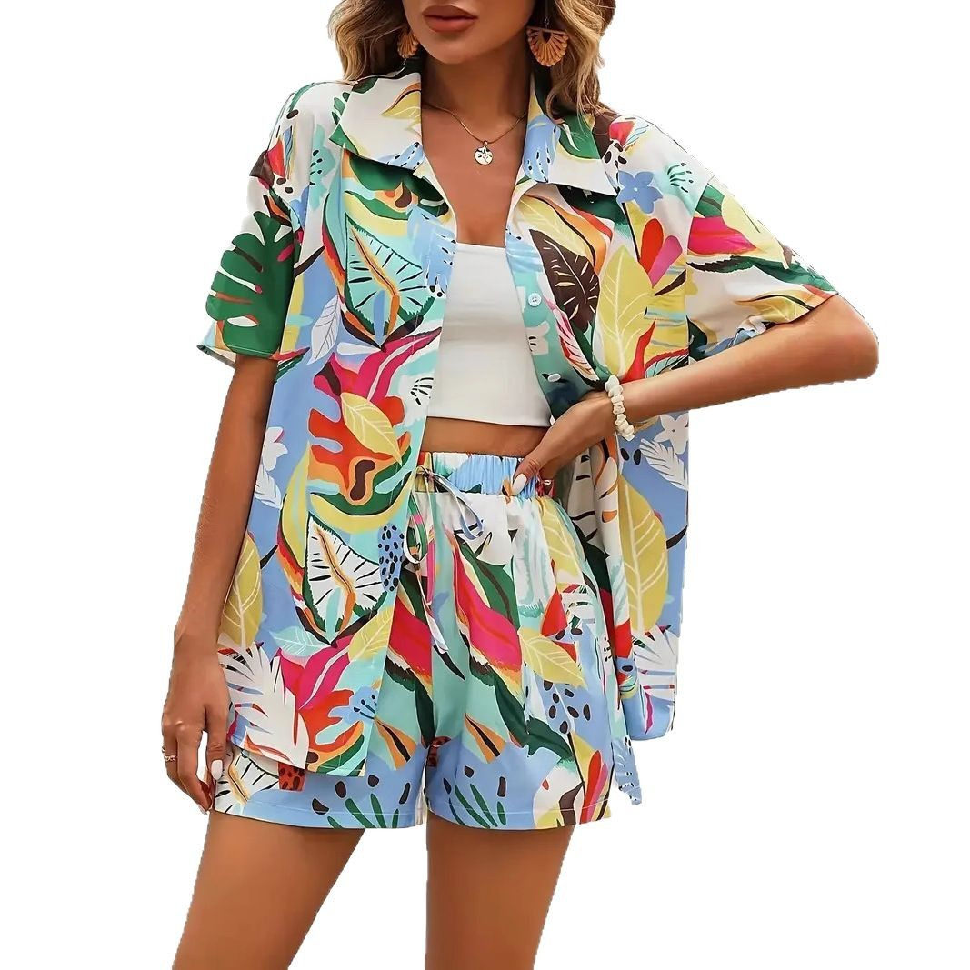 Hawaiian Print Two-Piece Set – Short Sleeve Button Shirt & Drawstring Shorts