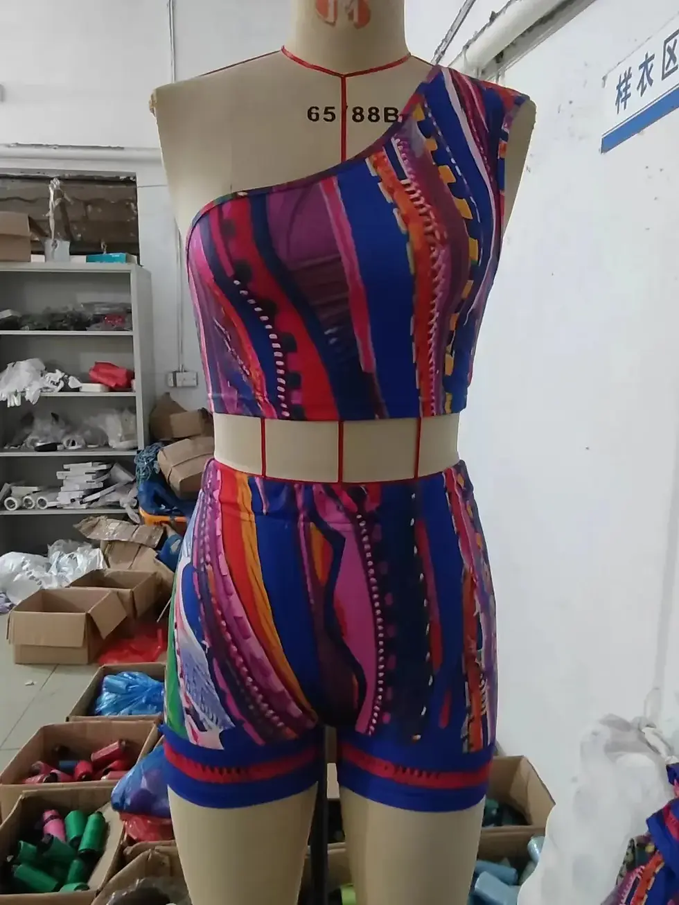 Thumbnail: Striped Paisley Print Two-Piece Set – One-Shoulder Crop Top & Shorts