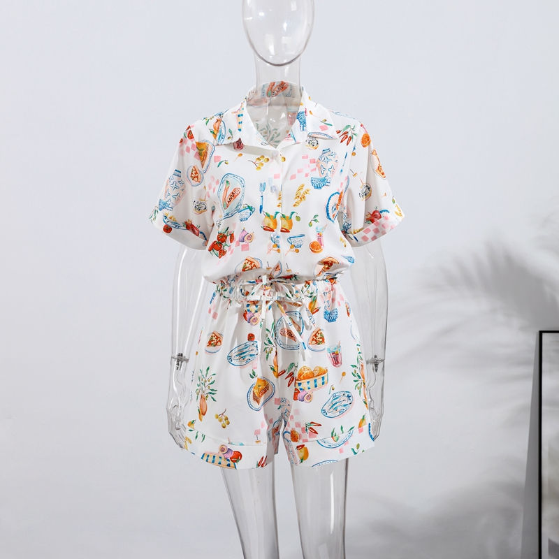 Thumbnail: Casual Print Shorts Set with Single-Breasted Shirt and Wide-Leg Bottoms