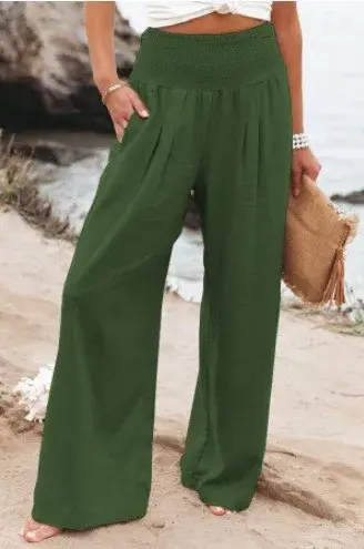 Thumbnail: Loose Fit Linen Wide Leg Womens Office Trousers with Pockets Plus Size