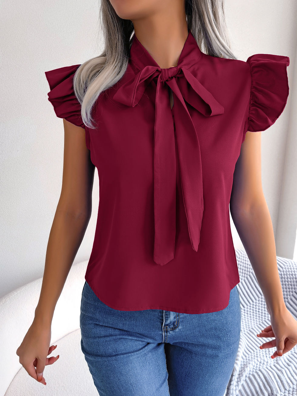 Thumbnail: Summer Chiffon Blouse with Bow & Ruffle Sleeves – Elegant Casual Top