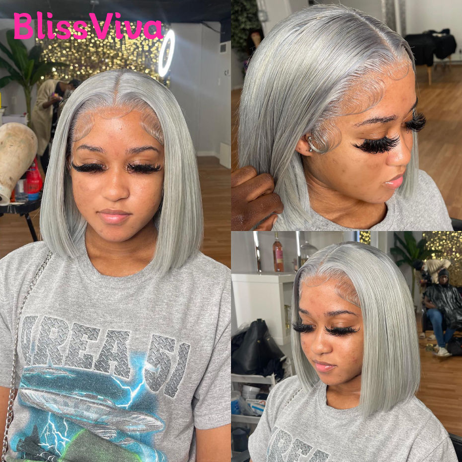 Thumbnail: Lexie Silver Grey Straight Bob Wig 13x6 Lace Front Human Hair