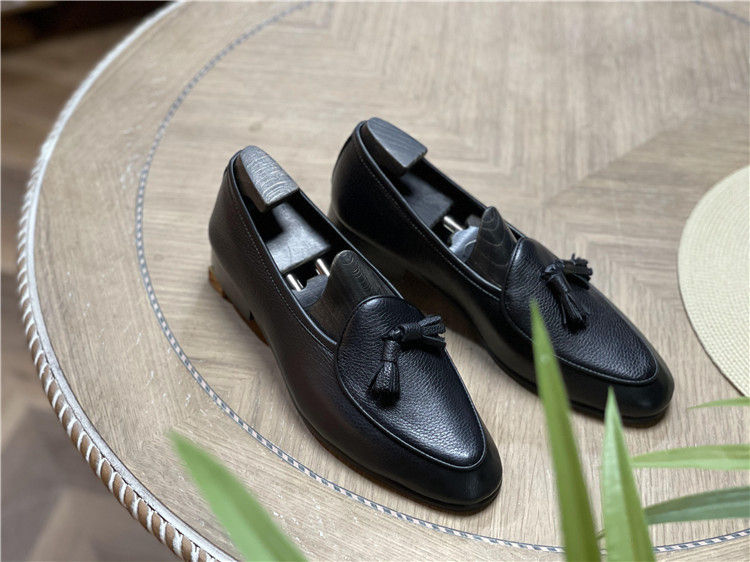 Thumbnail: Men's Handmade Black Bow Loafers, Genuine Cowhide Leather