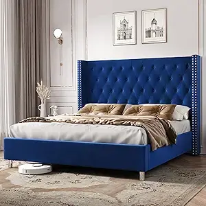 Thumbnail: Queen Velvet Upholstered Platform Bed with Tall Wingback Headboard & Nailhead