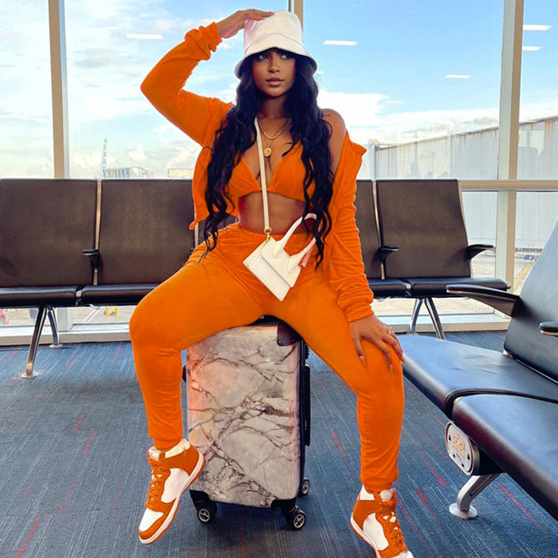 Thumbnail: Women’s 3-Piece Cropped Velvet Tracksuit Winter Jogging Set Sweatshirt & Pants