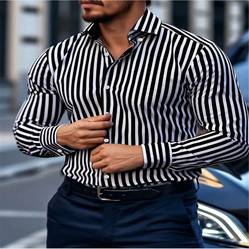 Thumbnail: Men’s Striped Long Sleeve Shirt – Smart Single-Breasted Wear