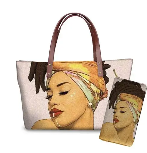 Thumbnail: Black African Art Printed PU Leather Tote & Shoulder Bag Set