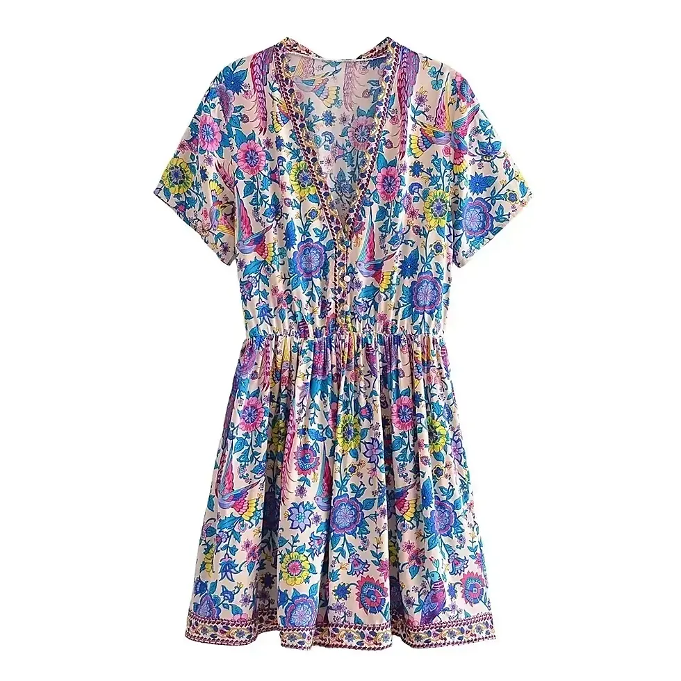 Thumbnail: Bohemian Mini Dress with Red Peacock Floral Print V Neck and Short Sleeves