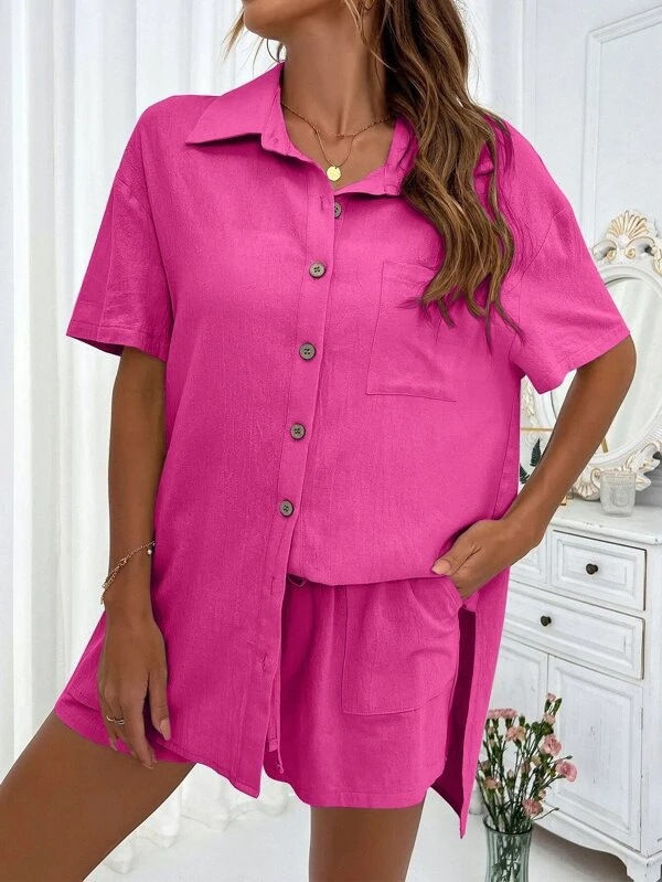 Thumbnail: Casual Two-Piece Short Sleeve Shirt and Shorts Set for Women