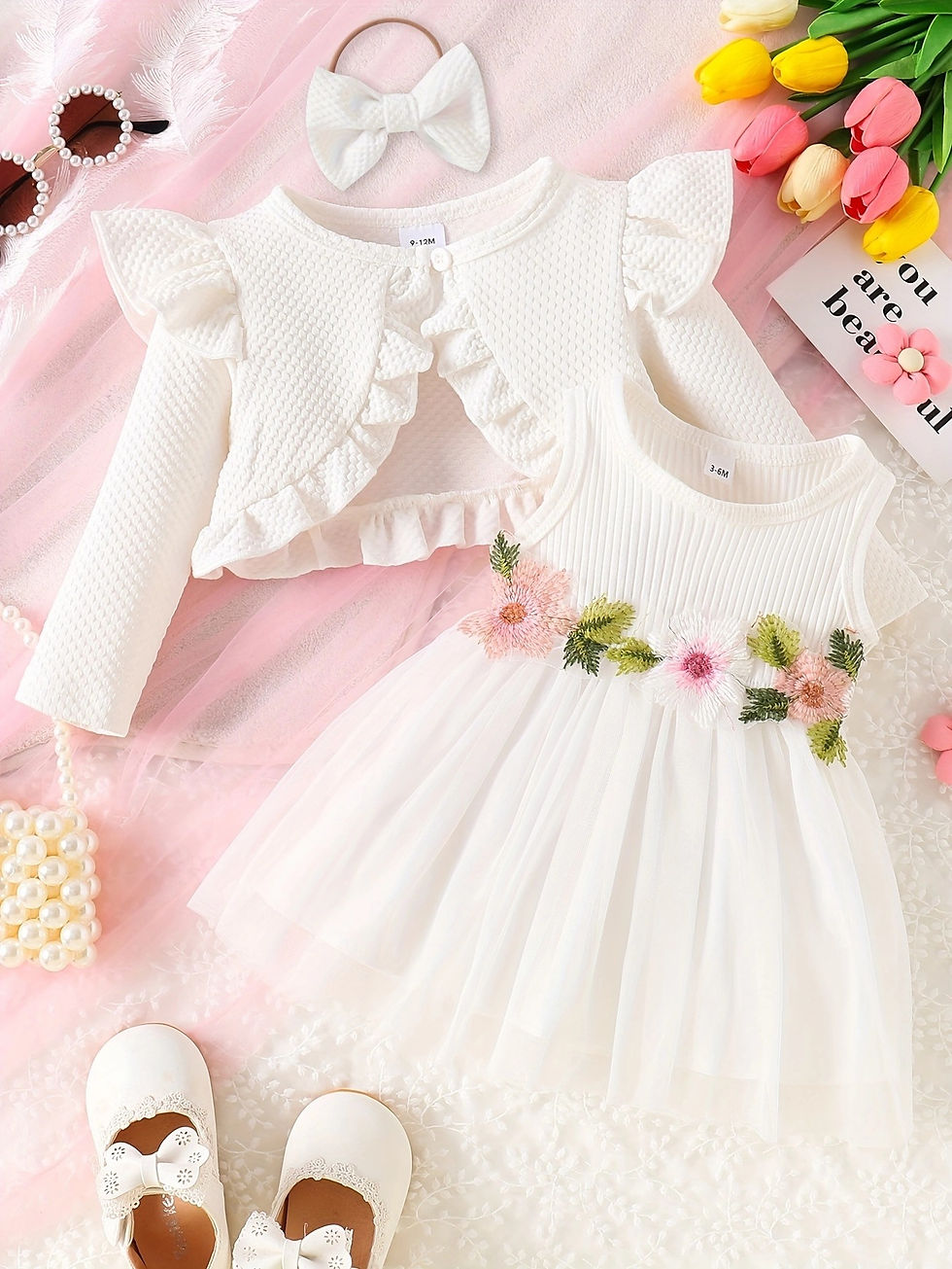 Thumbnail: Baby Girl Summer Waist Flower Tank Top Mesh Dress and Coat