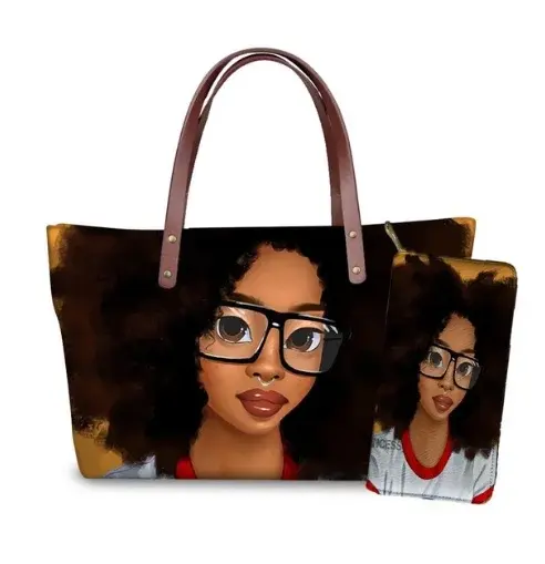 Thumbnail: Black African Art Printed PU Leather Tote & Shoulder Bag Set