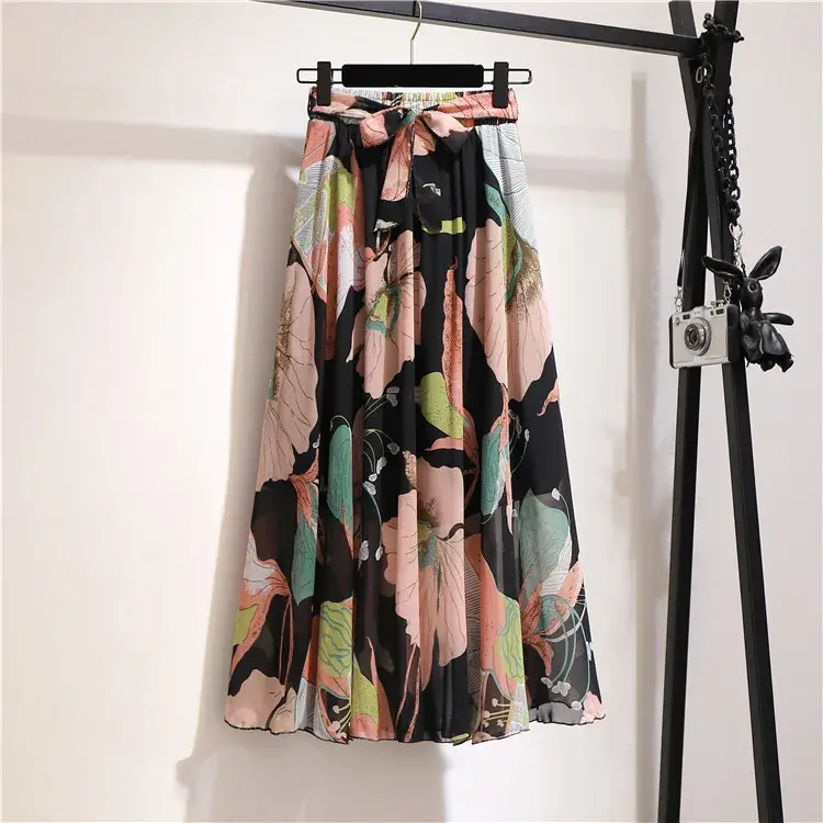 Thumbnail: Bohemian Floral High‑Waist Chiffon Midi Skirt for Women