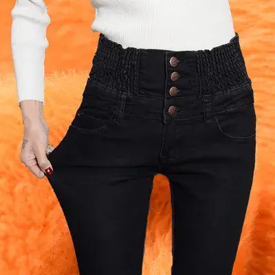 Thumbnail: Women’s Plus Size High Waist Thick Velvet Denim Jeans Warm Autumn Winter Pants