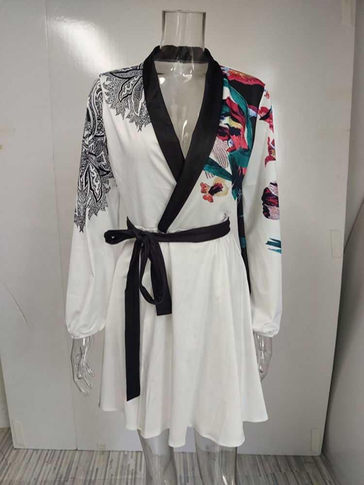 Thumbnail: Elegant Floral V Neck Midi Dress for Women with Long Sleeve Design