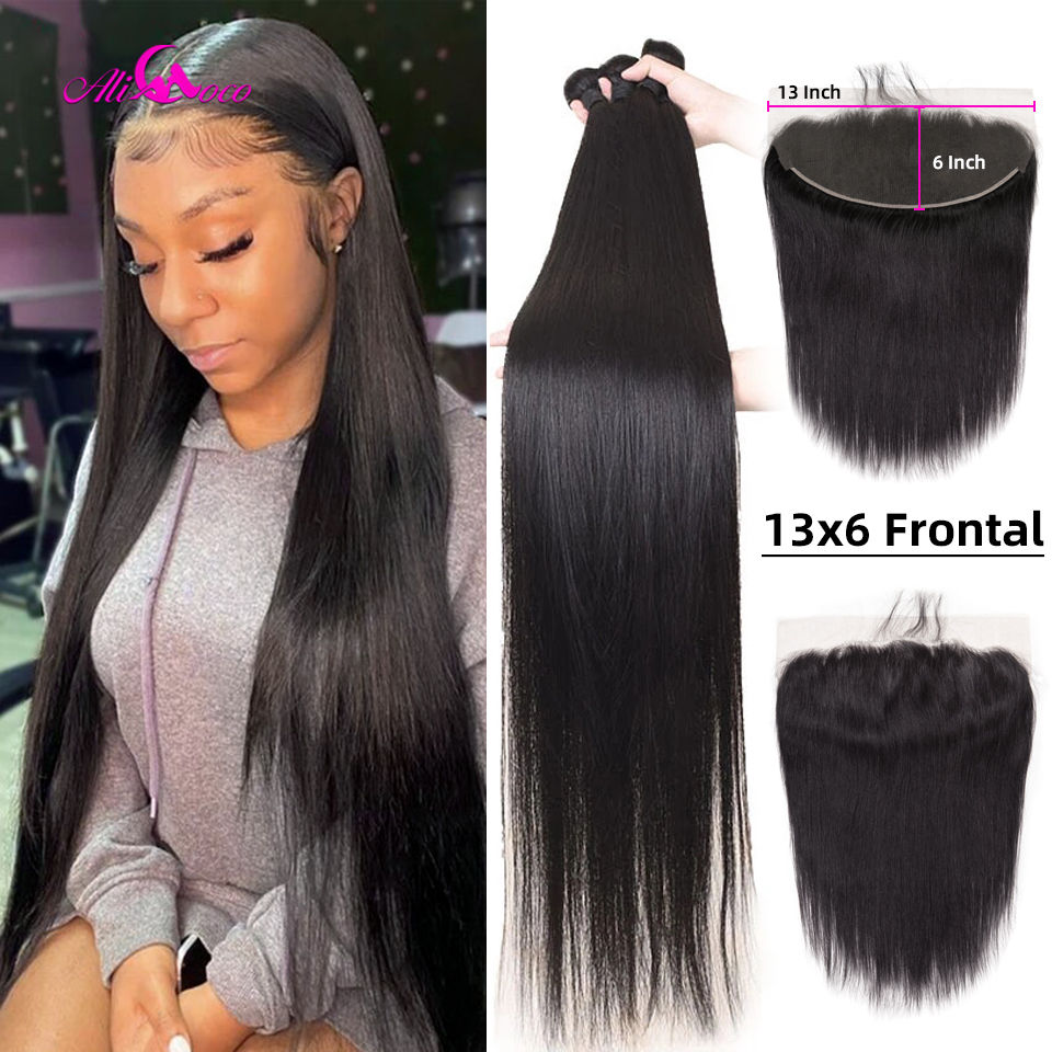 Thumbnail: Straight Brazilian Hair Bundles with Frontal – 28 to 40 Inches