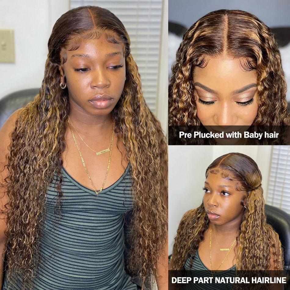 Thumbnail: Honey Blonde Highlight Deep Wave 13x4 Lace Front Wig Human Hair