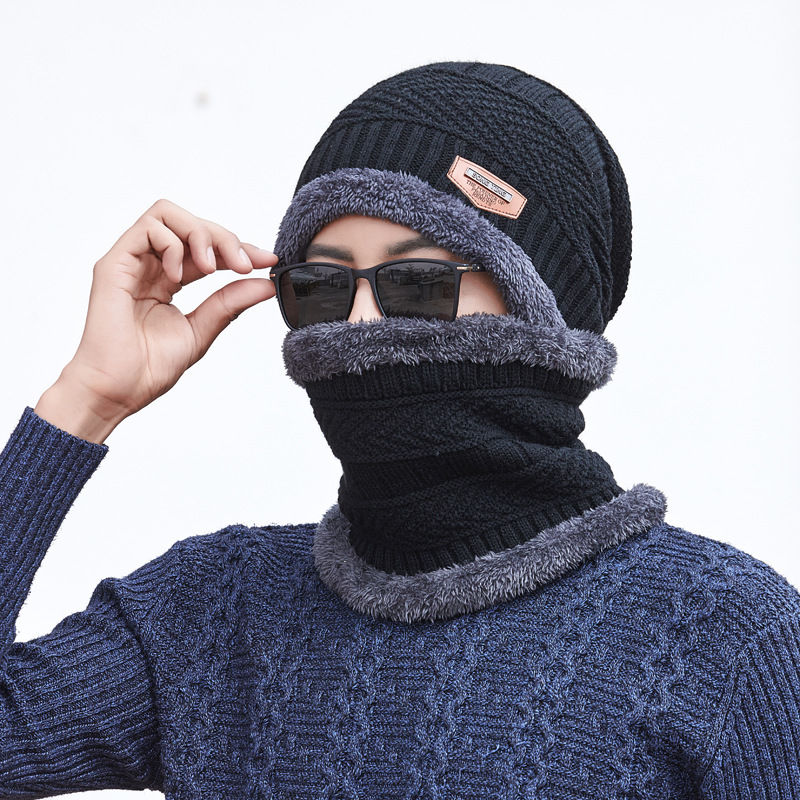 Thumbnail: Men’s Winter Knitted Hat & Neck Warmer – Thickened Velvet Lined Integrated Set
