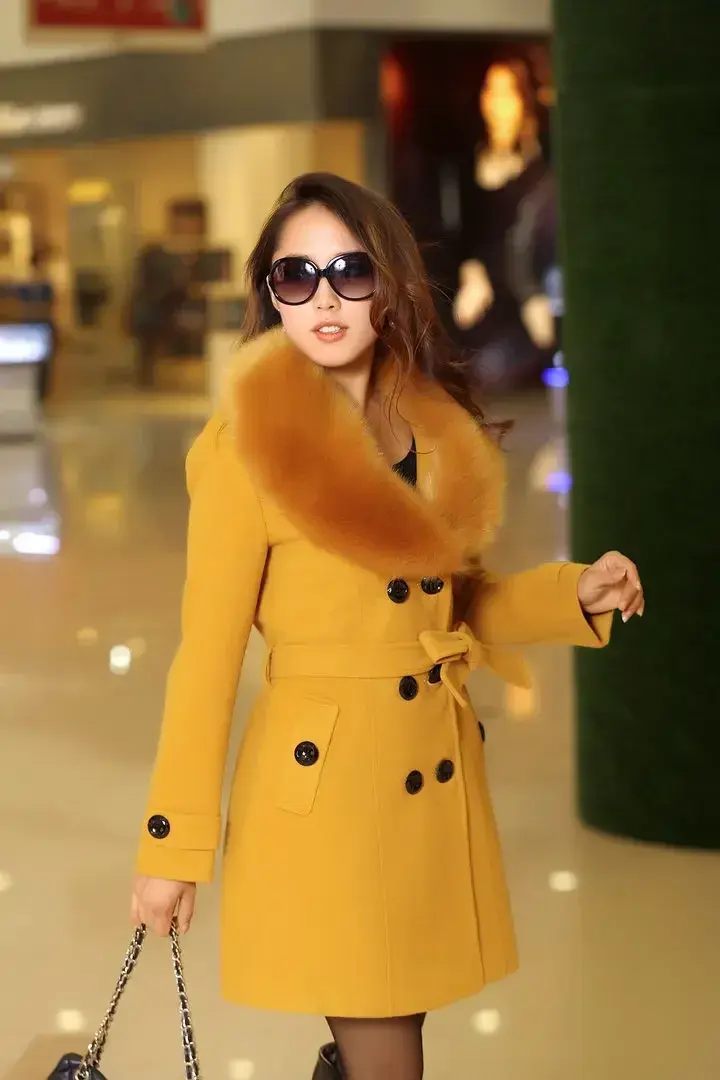 Thumbnail: Women's Mid Length Wool Blend Coat with Fur Collar and Double Breasted Design