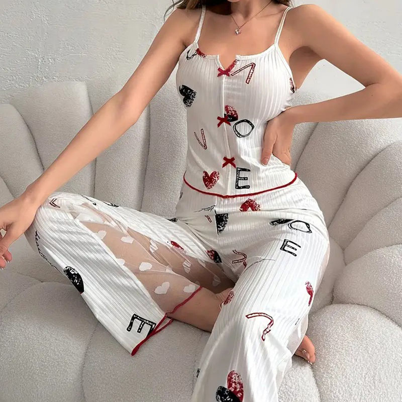 Thumbnail: Women’s Two-Piece Pajama Set – Printed Lace V-Neck Cami Top & Full-Length Pants